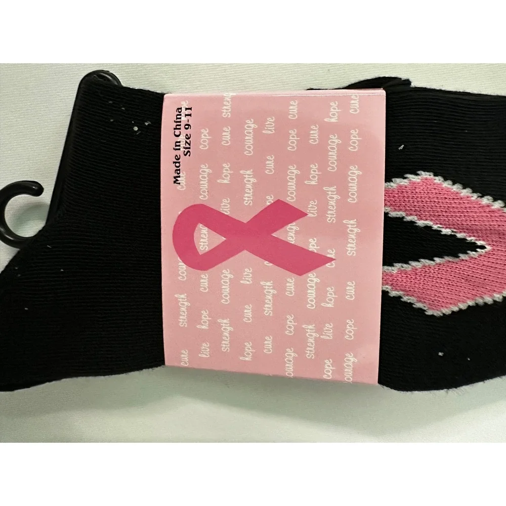 Breast Cancer Awareness Socks Cheerleader Heart Ribbon Black‎ Pink Size 9-11